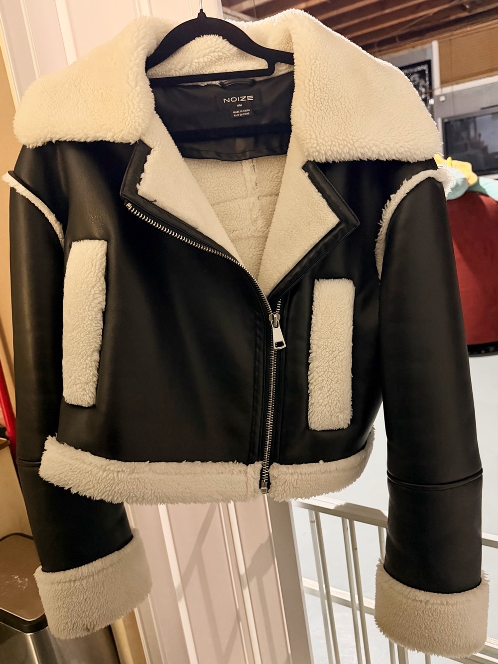 Noize Black Faux Leather Shearling Moto Jacket with Cream Trim